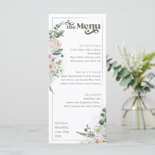 Retro Typografie Floral Boho Sage Green Wedding Menu (Staand voorkant)
