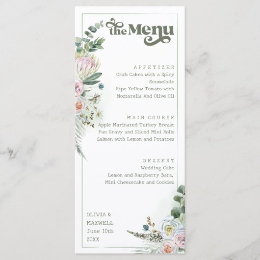 Retro Typografie Floral Boho Sage Green Wedding Menu (Voorkant)