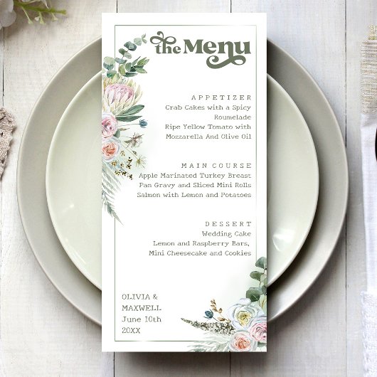 Retro Typografie Floral Boho Sage Green Wedding Menu