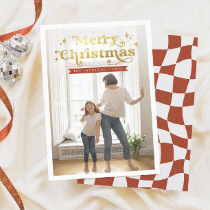 Retro Typografie Groovy Merry Christmas Foto Feestdagenkaart