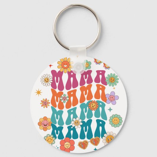 Retro typografie Mama Mama Bloem Smiley Face Sleutelhanger (Voorkant)