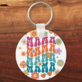 Retro typografie Mama Mama Bloem Smiley Face Sleutelhanger (Voorkant)