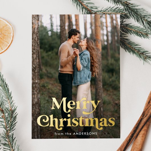 Retro Typografie Merry Kerstfoto Folie Feestdagenkaart