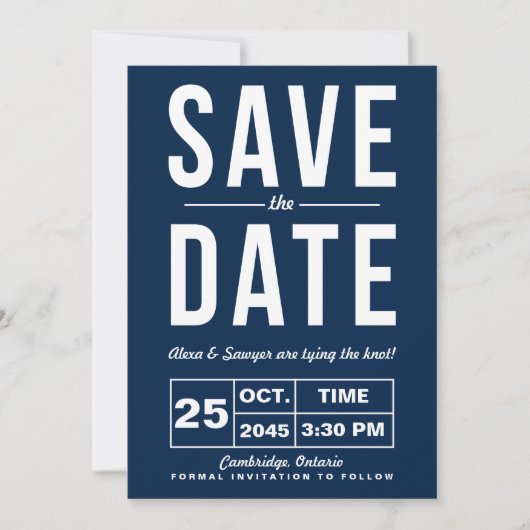 Retro typografie Navy Save the Date-aankondiging Kaart (Voorkant)