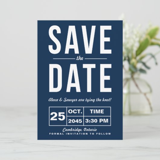 Retro typografie Navy Save the Date-aankondiging Kaart (Staand voorkant)