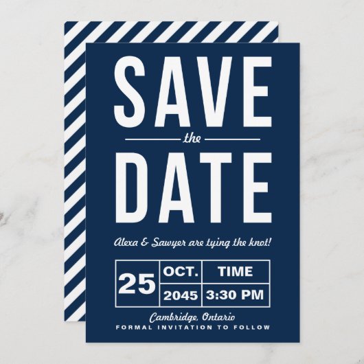 Retro typografie Navy Save the Date-aankondiging Kaart (Voorkant / Achterkant)
