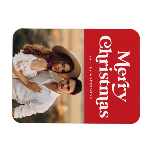 Retro Typografie Red Merry kerstfoto Magneet (Horizontaal)