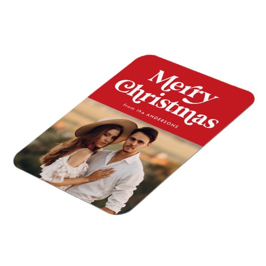 Retro Typografie Red Merry kerstfoto Magneet (Linkerzijde)