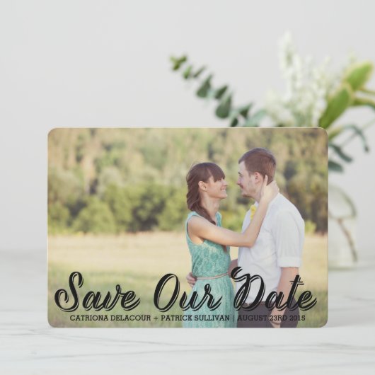 Retro Typografie Script Bewaar onze datum aankondi Kaart (Staand voorkant)