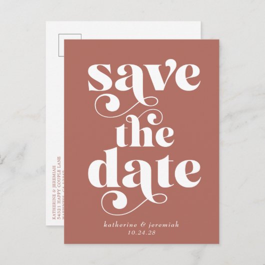 Retro Typografie Terracotta Wedding Save the Date Aankondigingskaart (Voorkant / Achterkant)
