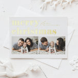 Retro Typografie Vrolijk Kerstfeest Twee Foto Folie Feestdagen Briefkaart<br><div class="desc">vrolijk kerstfeest! Stuur uw kerstgroeten naar familie en vrienden met deze aanpasbare foto Christmas briefkaart. Het is een retro-gedurfde typografie. Personaliseer door uw gegevens toe te voegen. Dit gouden folie kerst briefkaart is verkrijgbaar op andere karton. Overeenkomende objecten zijn beschikbaar.</div>