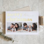 Retro Typografie Vrolijk Kerstfeest Twee Foto Folie Feestdagenkaart<br><div class="desc">vrolijk kerstfeest! Stuur uw kerstgroeten naar familie en vrienden met deze aanpasbare kerstkaart. Het is een retro-gedurfde typografie. Personaliseer door uw gegevens toe te voegen. Deze gouden folie kerstkaart is verkrijgbaar op andere karton. Overeenkomende objecten zijn beschikbaar.</div>