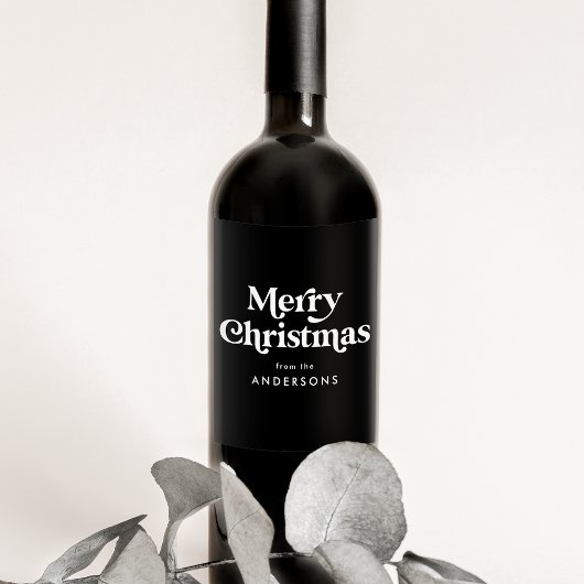Retro Typography Black Merry kerst Wijn Etiket