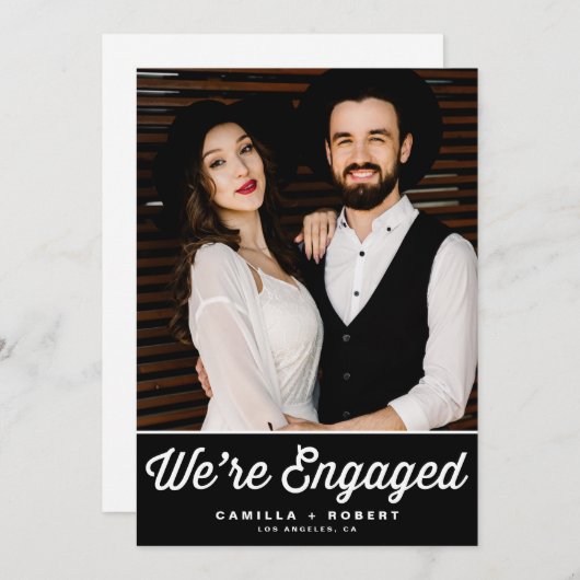 Retro Typography Black Photo Verloving Aankondiging (Voorkant / Achterkant)