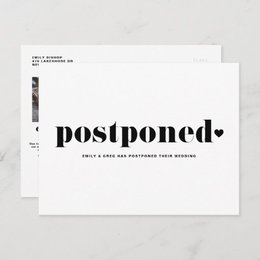 Retro Typography Black Postponed Wedding Date Aankondigingskaart (Voorkant / Achterkant)