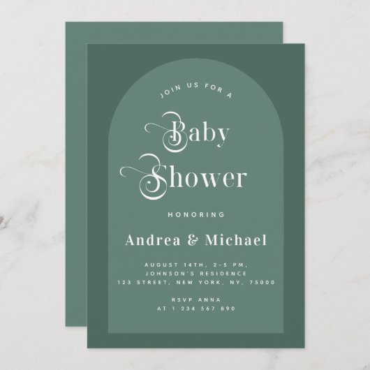Retro Typography Moss Green Boho Arch Baby shower Kaart (Voorkant / Achterkant)