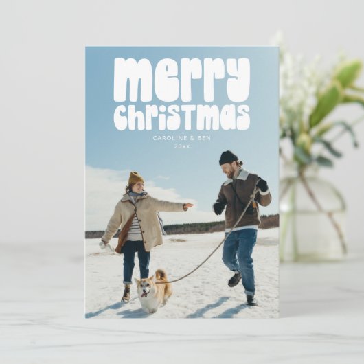 Retro Typography Photo Merry Christmas Letter Feestdagenkaart (Staand voorkant)