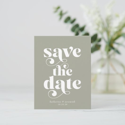 Retro Typography Sage Green Wedding Save the Date (Staand voorkant)