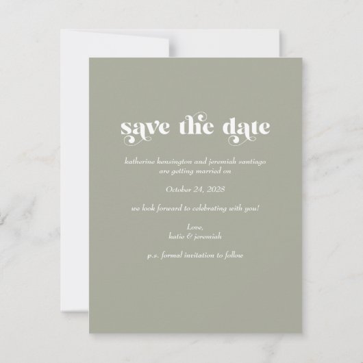 Retro Typography Sage Green Wedding Save the Date (Achterkant)