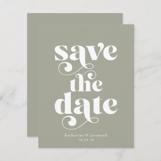 Retro Typography Sage Green Wedding Save the Date (Voorkant / Achterkant)