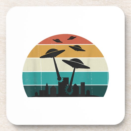 Retro UFO Attack Sunset - Cool Vliegende Sauc Bier Onderzetter (Voorkant)