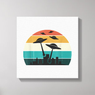 Retro UFO Attack Sunset - Cool Vliegende Sauc Canvas Afdruk