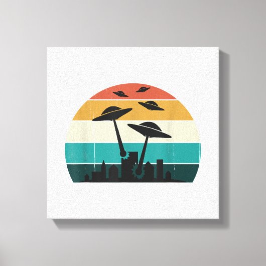 Retro UFO Attack Sunset - Cool Vliegende Sauc Canvas Afdruk (Voorkant)