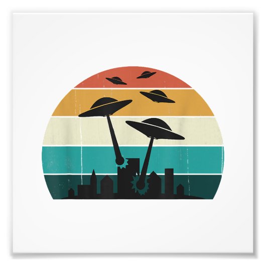 Retro UFO Attack Sunset - Cool Vliegende Sauc Foto Afdruk (Voorkant)