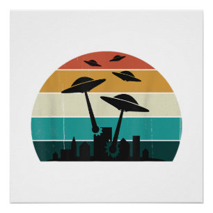 Retro UFO Attack Sunset - Cool  Vliegende Sauc Perfect Poster