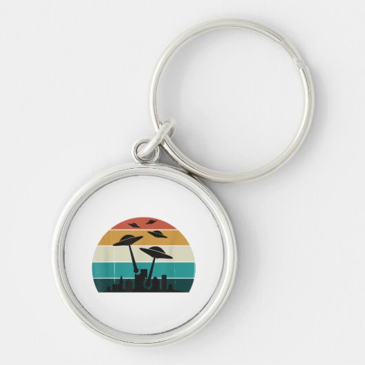Retro UFO Attack Sunset - Cool  Vliegende Sauc Sleutelhanger (Voorkant)