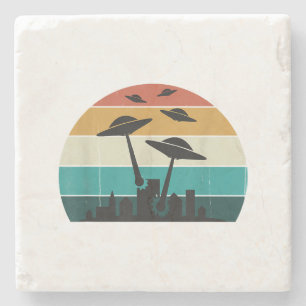 Retro UFO Attack Sunset - Cool Vliegende Sauc Stenen Onderzetter