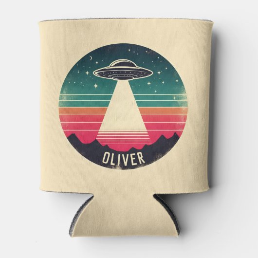 Retro UFO bij zonsondergang gepersonaliseerd Blikjeskoeler (Voorkant)