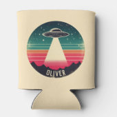 Retro UFO bij zonsondergang gepersonaliseerd Blikjeskoeler (Achterkant)