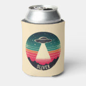 Retro UFO bij zonsondergang gepersonaliseerd Blikjeskoeler (Blikje Achterkant)