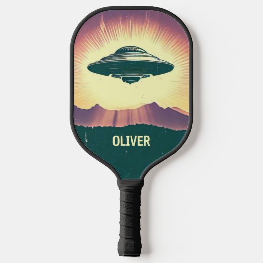 Retro  UFO bij zonsondergang gepersonaliseerd Pickleball Paddle (Achterkant)