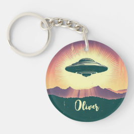Retro UFO bij zonsondergang gepersonaliseerd Sleutelhanger