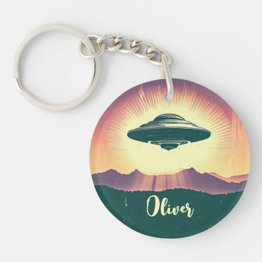 Retro UFO bij zonsondergang gepersonaliseerd Sleutelhanger (Voorkant)