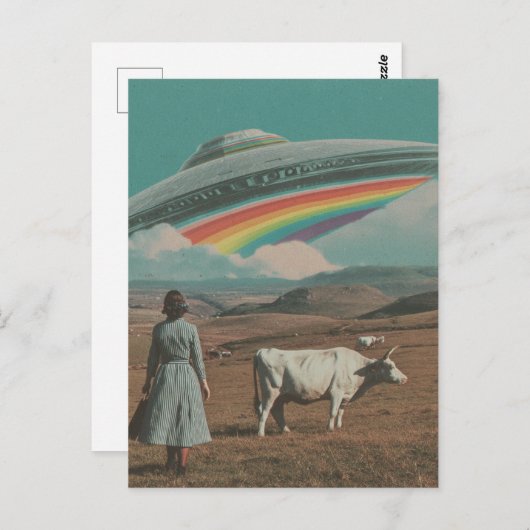 Retro UFO boven de Koe Briefkaart (Voorkant / Achterkant)