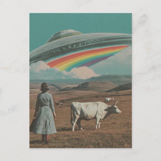 Retro UFO boven de Koe Briefkaart (Voorkant)