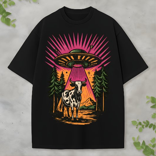 Retro UFO Cow Alien Forest Scene Funny Sci-Fi T-shirt
