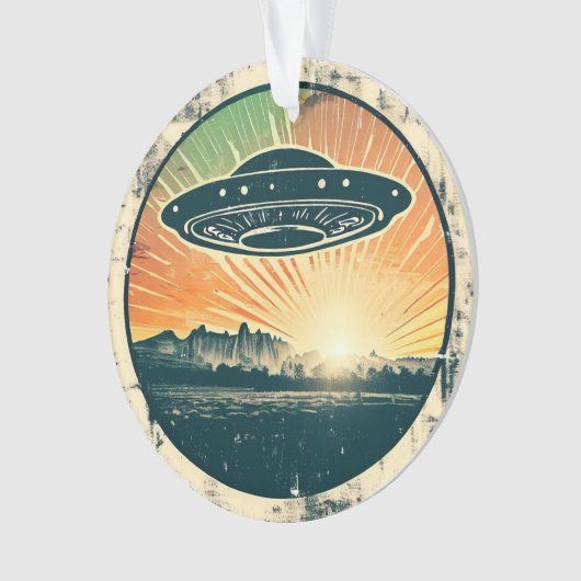 Retro  ufo in zonsondergang ornament (voorkant)