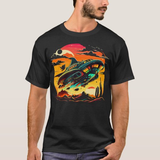 Retro UFO Ontmoeting - Majestueus ruimteschip stij T-shirt (Voorkant)
