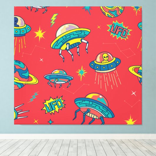 Retro UFO Space Invaders Canvas Afdruk (Insitu (Houten vloer))