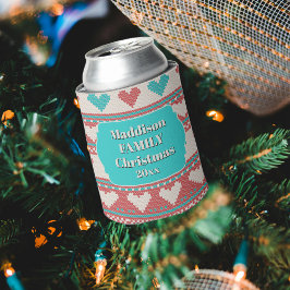 Retro Ugly Christmas Sweater Aqua Blue Red Hearts Blikjeskoeler