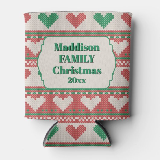 Retro Ugly Christmas Sweater Green Red Hearts Blikjeskoeler (Voorkant)