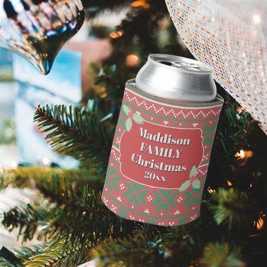 Retro Ugly Christmas Sweater Red Green Holly Blikjeskoeler