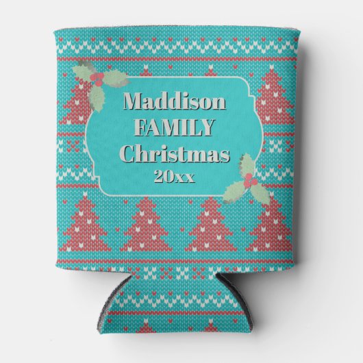 Retro Ugly Christmas Sweater with Trees in Blue Blikjeskoeler (Voorkant)