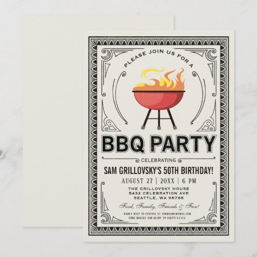 Retro  uitnodigingen van de BBQ-partij (Voorkant / Achterkant)