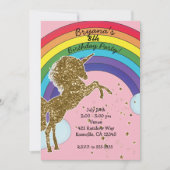 Retro Unicorn Rainbow & Gold Stars Birthday Party Kaart (Voorkant)