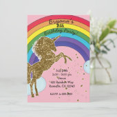 Retro Unicorn Rainbow & Gold Stars Birthday Party Kaart (Staand voorkant)
